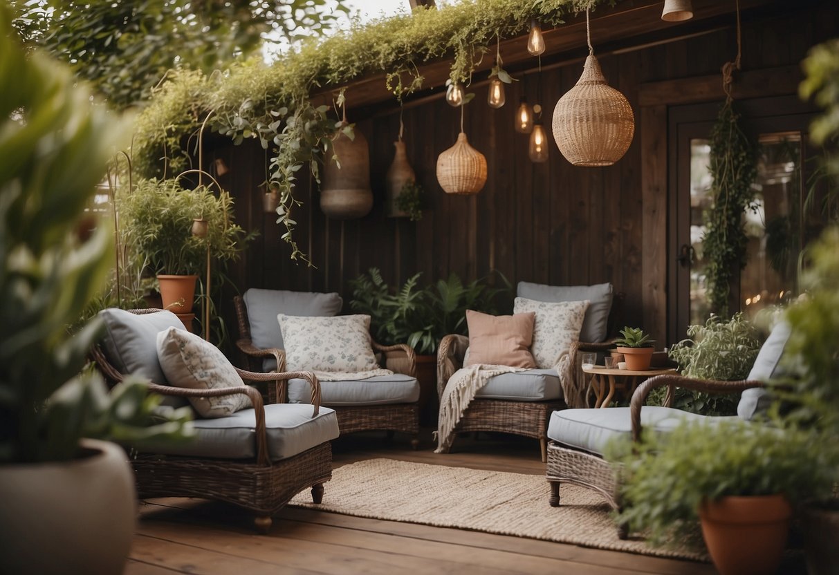 A cozy seating area in an open garden shed, with comfortable chairs, soft cushions, and a small table surrounded by potted plants and hanging lanterns