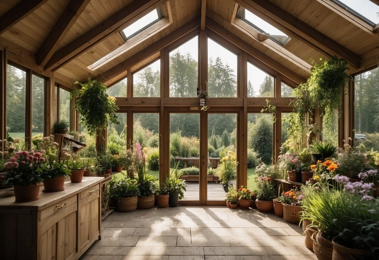 A spacious garden shed with open windows, surrounded by lush greenery and colorful flowers, with a neatly organized interior and plenty of natural light