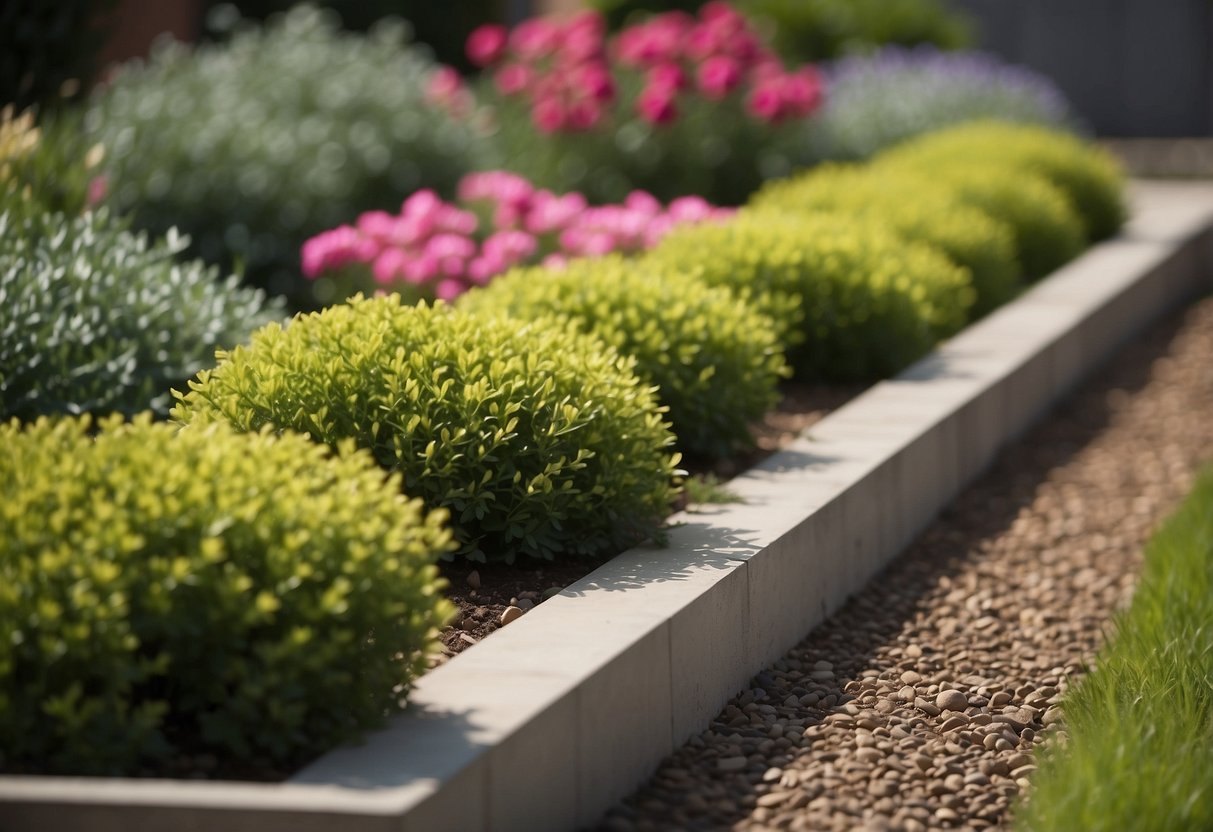 A lush garden with elegant concrete curbing edging, creating clean lines and defining the flower beds