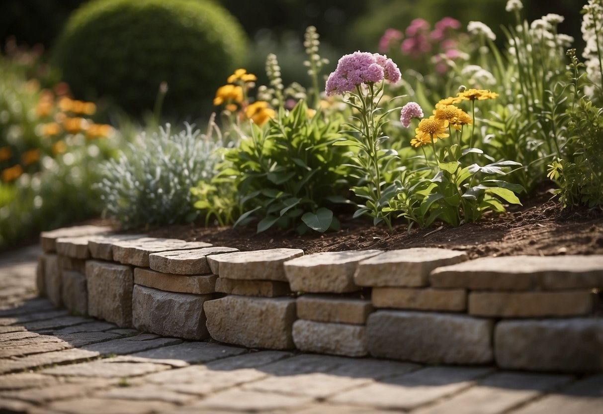 A variety of materials, such as bricks, stones, and wooden planks, are arranged along the garden border. Plants and flowers peek out from behind the edging, adding a touch of natural beauty