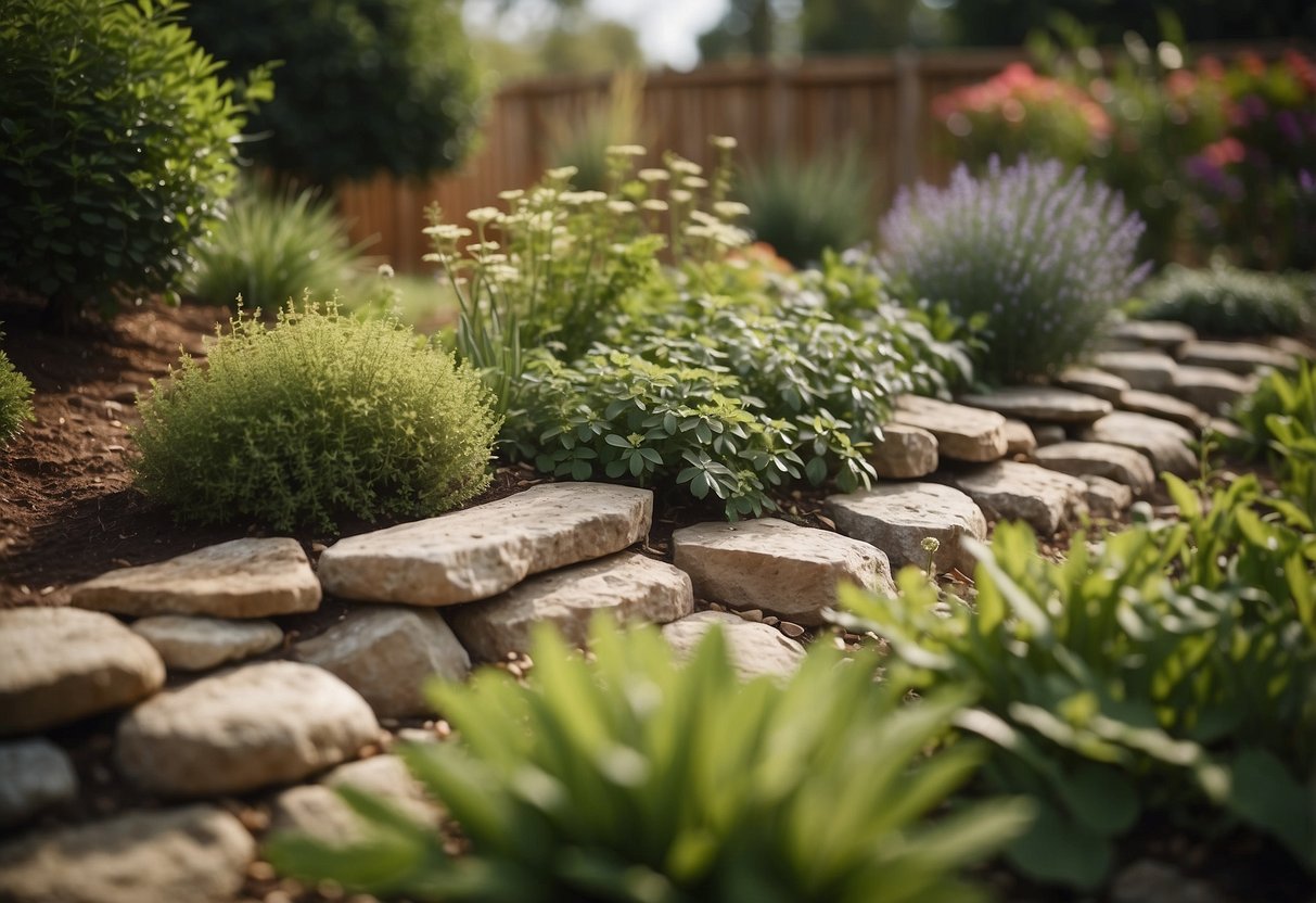 A garden bed with stacked stone edging, surrounded by wood borders, creating a rustic and natural garden landscape