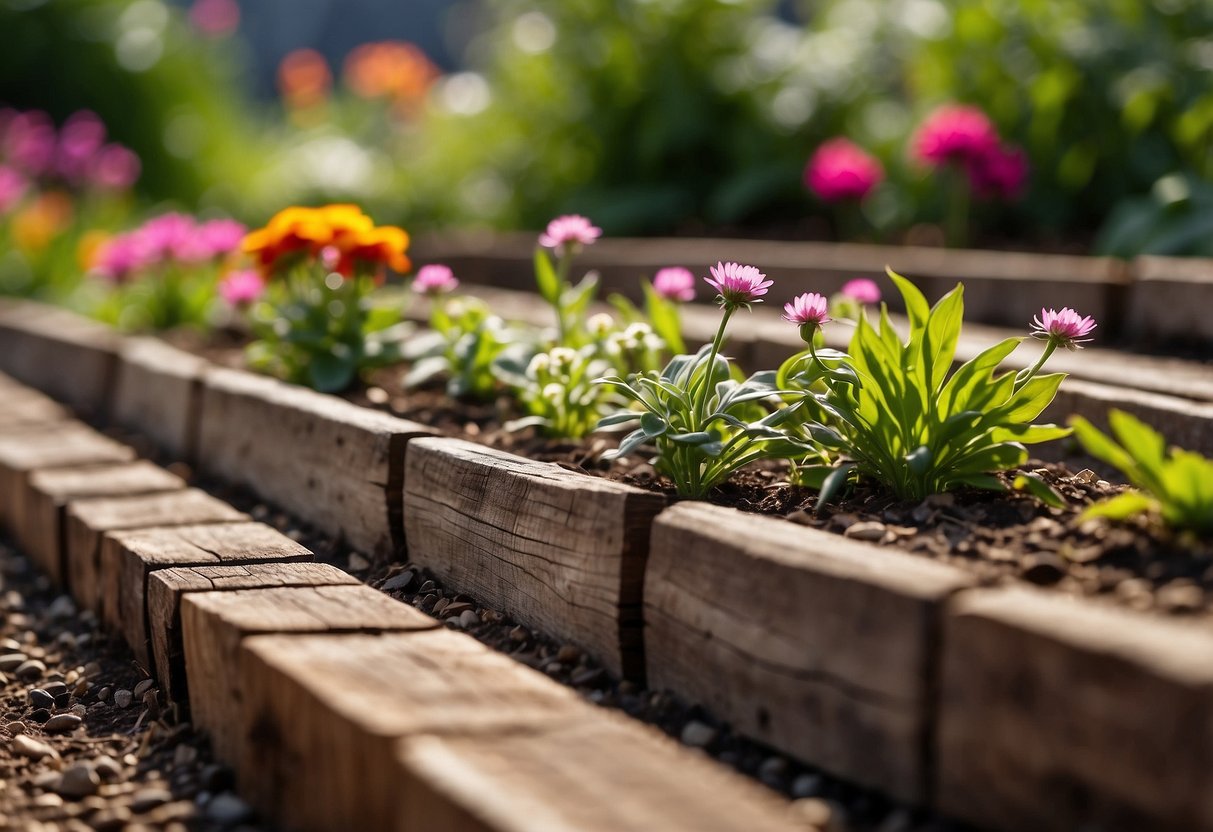 A row of railroad ties lines the garden, creating a sturdy and rustic border for the flower beds