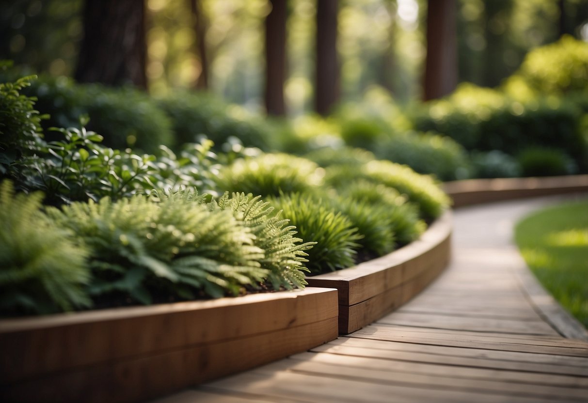 A winding redwood garden edging borders a lush green landscape