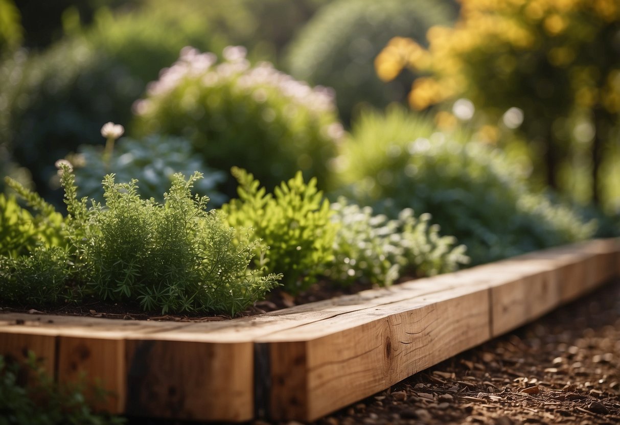 A cedar plank garden border lines the edge of a lush garden, adding a natural and rustic touch to the landscape