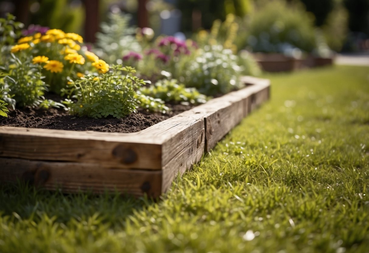 A rustic garden with reclaimed wood borders, creating a natural and organic edging for the garden beds