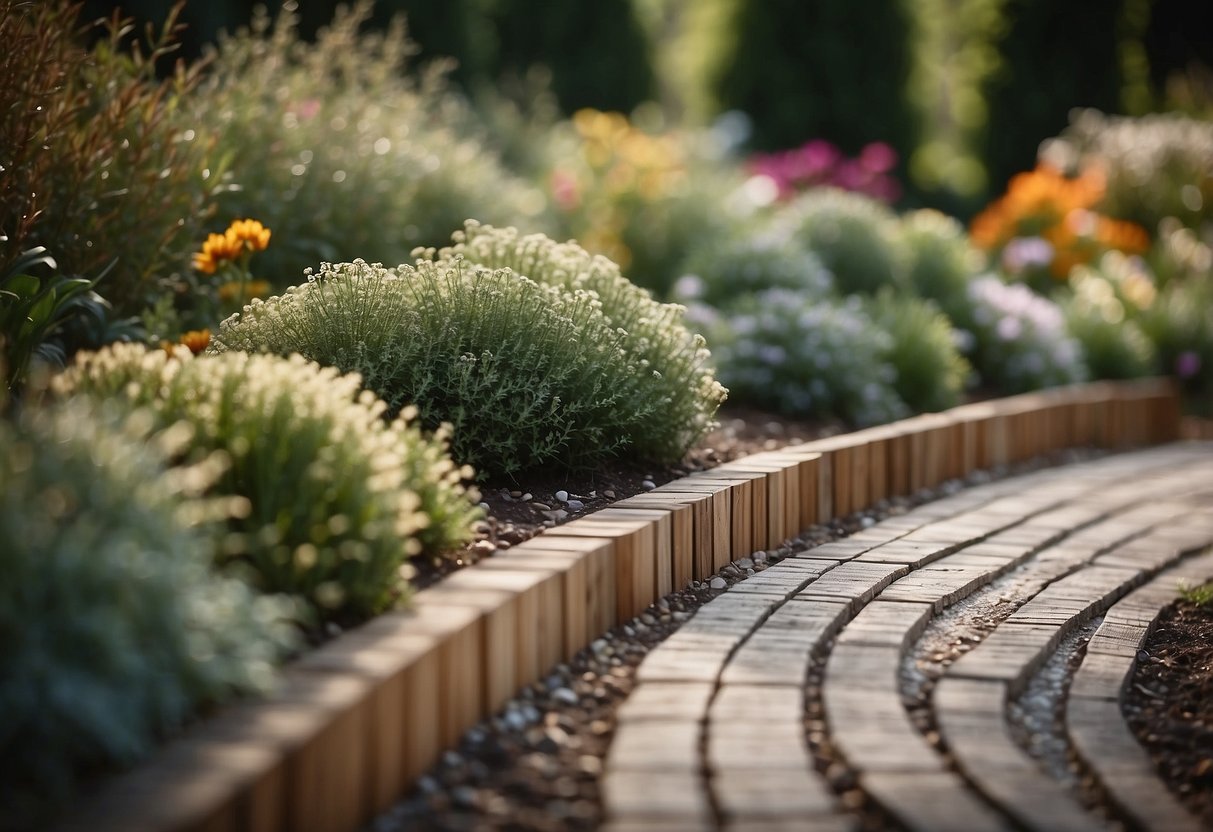 A garden path lined with herringbone wood edging, creating a neat and stylish border for the garden beds