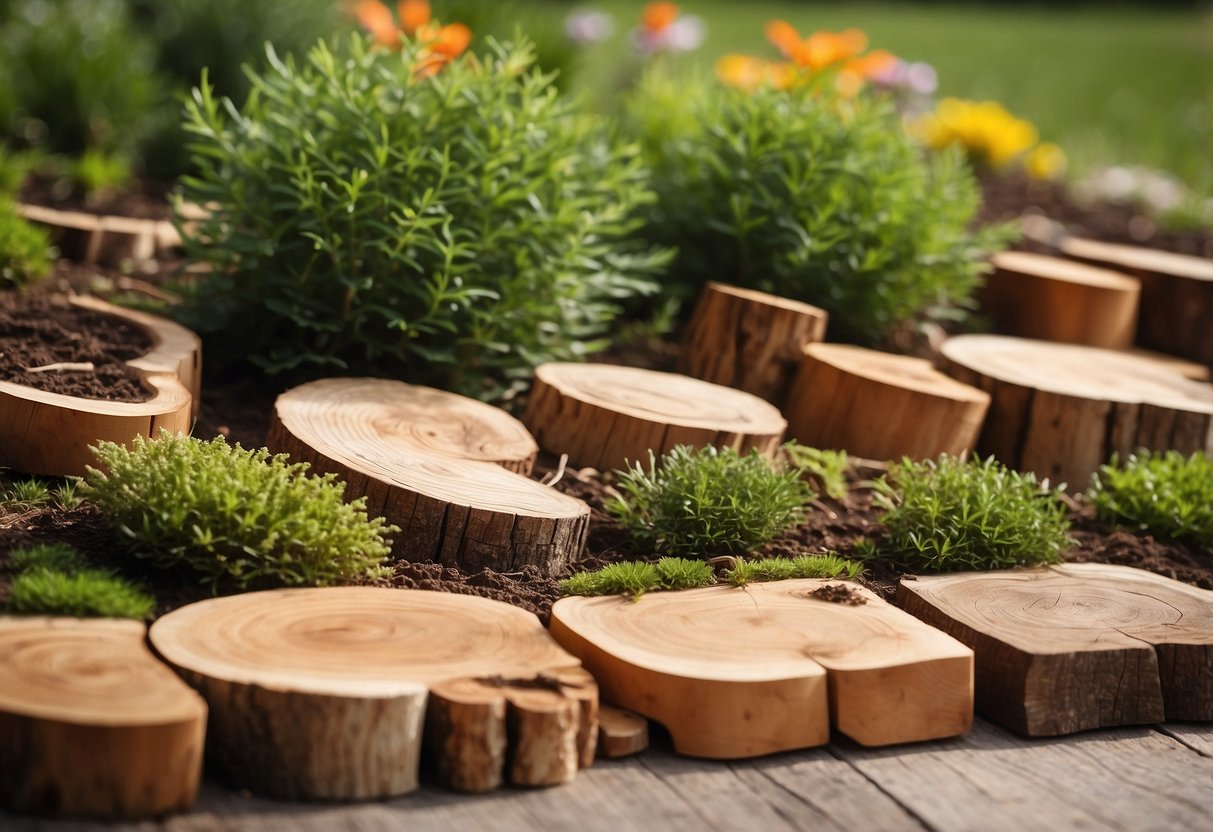 Various wood types arranged in garden edging: cedar, pine, oak, and redwood. Each piece is cut and placed along the garden border