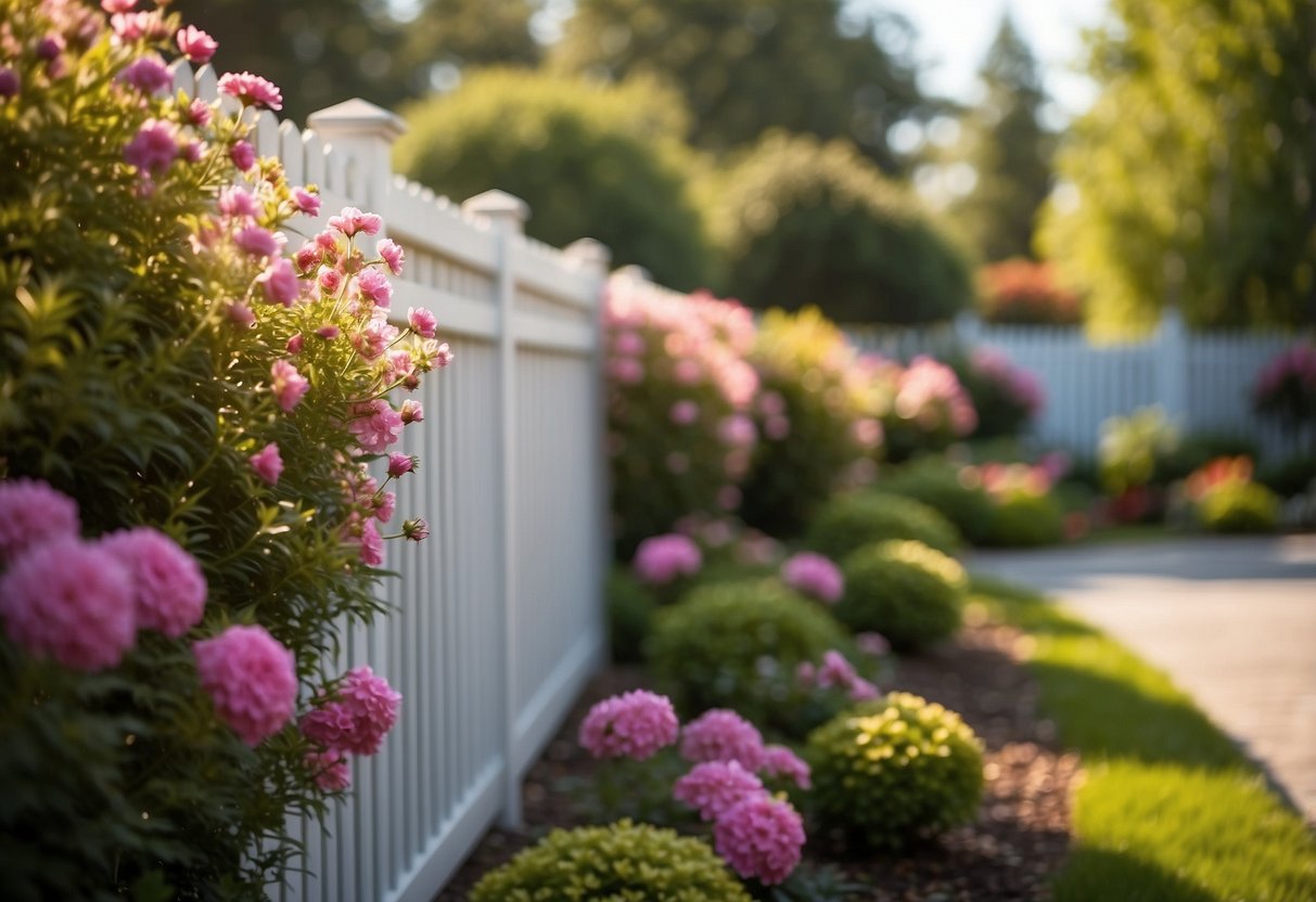 A vinyl privacy fence surrounds a well-kept garden, with colorful flowers and neatly trimmed bushes