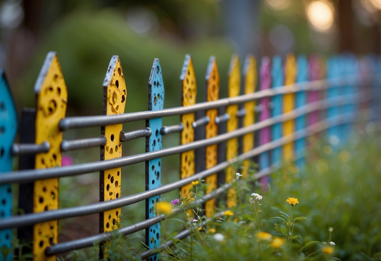 A colorful garden fence made of recycled metal art, with whimsical designs and patterns, adding a unique and eco-friendly touch to the outdoor space