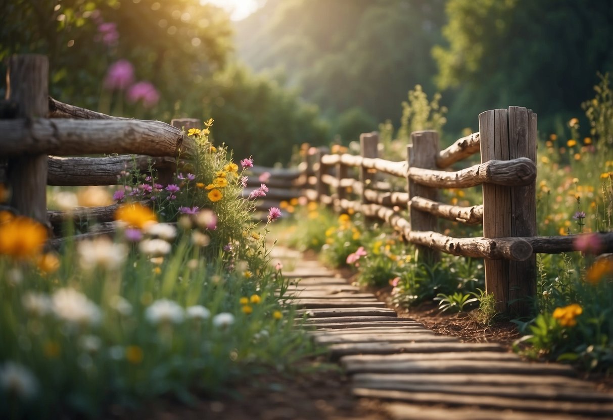 A rustic log fence encloses a charming garden, with wildflowers peeking through the gaps