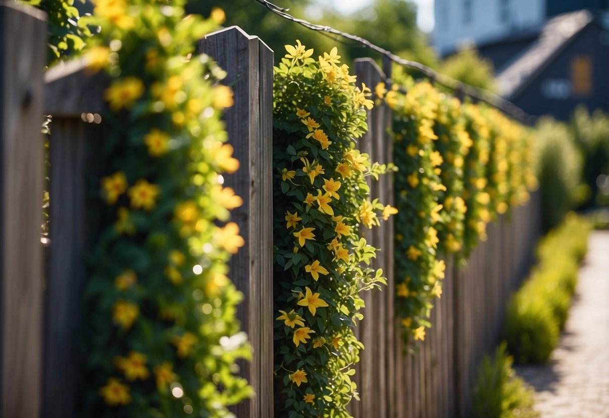 A well-maintained garden fence with climbing plants, decorative panels, and solar-powered lights