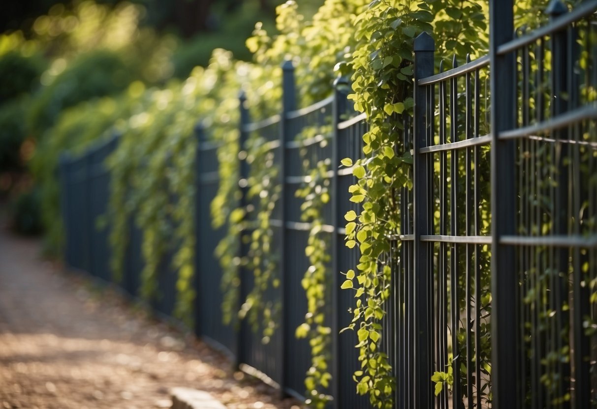 A metal sheet fence surrounds a lush garden, standing tall and sturdy. The fence is adorned with climbing vines and flowers, creating a beautiful and secure barrier