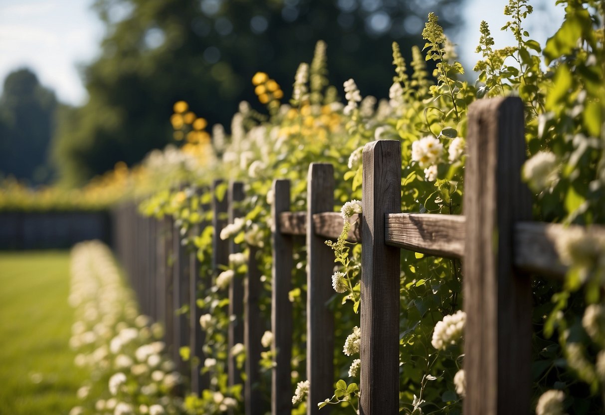 A tall garden fence stands strong, protecting delicate flowers and plants from curious critters. Vines climb its sturdy wooden frame, adding a touch of natural beauty to the protective barrier