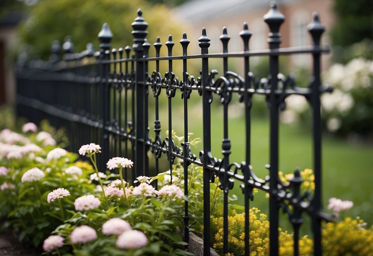 A small garden fence with intricate wrought iron designs, surrounded by blooming flowers and lush greenery