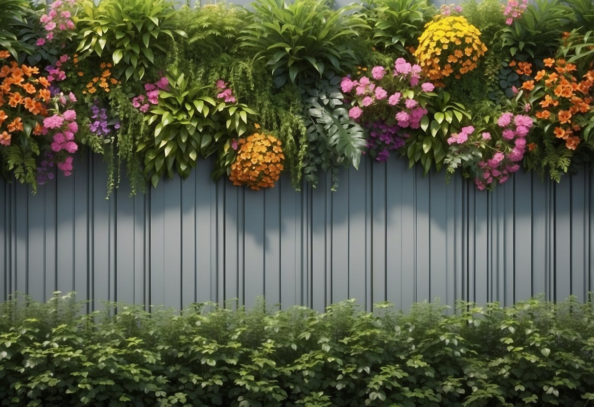 A lush green living wall fence with colorful flowers and plants cascading down, creating a beautiful and natural border for a small garden