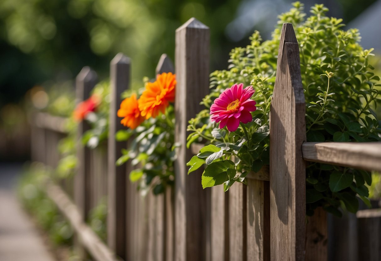 A wooden horizontal slat fence surrounds a small garden, with vibrant flowers and lush greenery peeking through the gaps