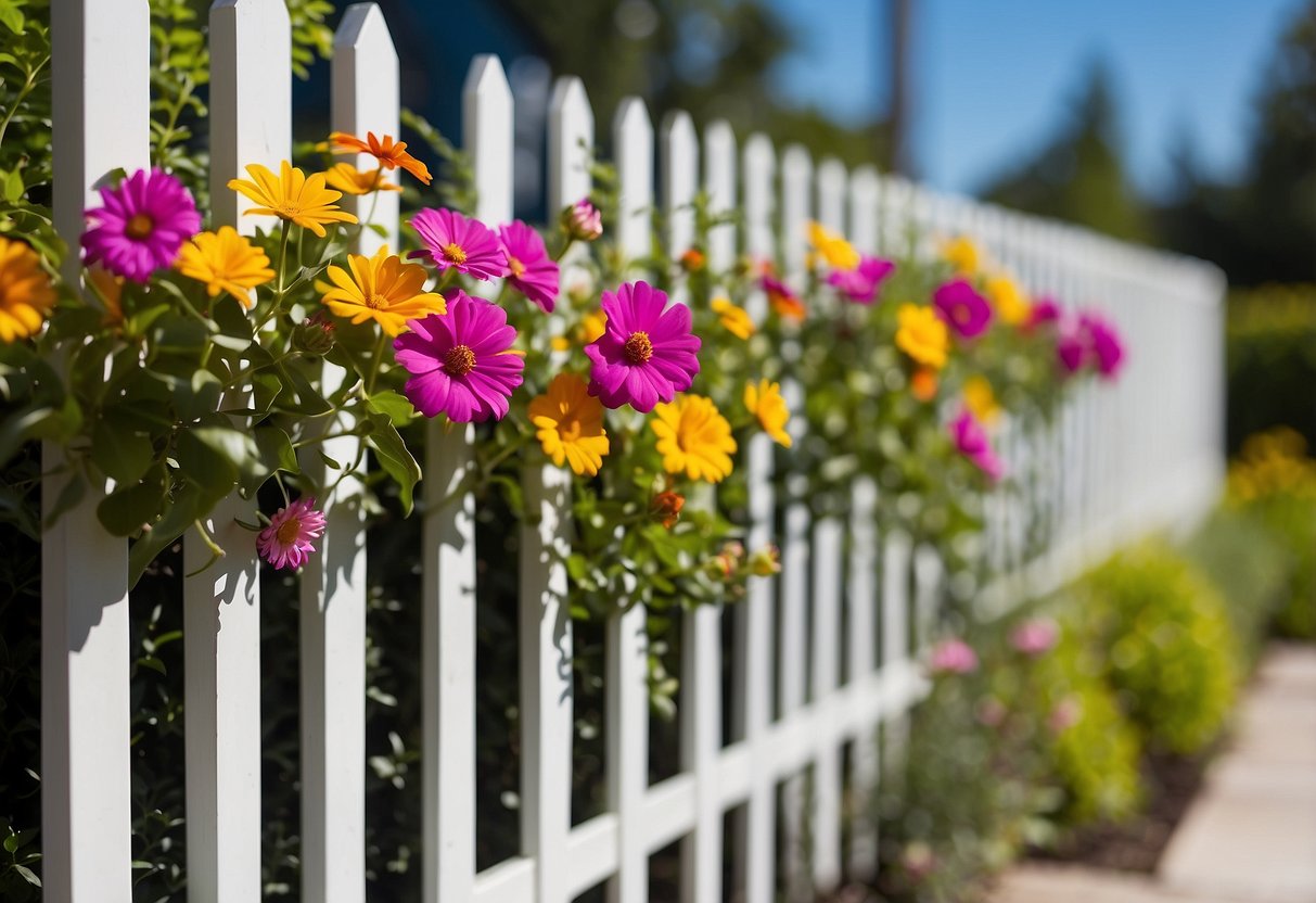 A white vinyl privacy fence encloses a small garden, with colorful flowers and lush greenery peeking out from behind the panels