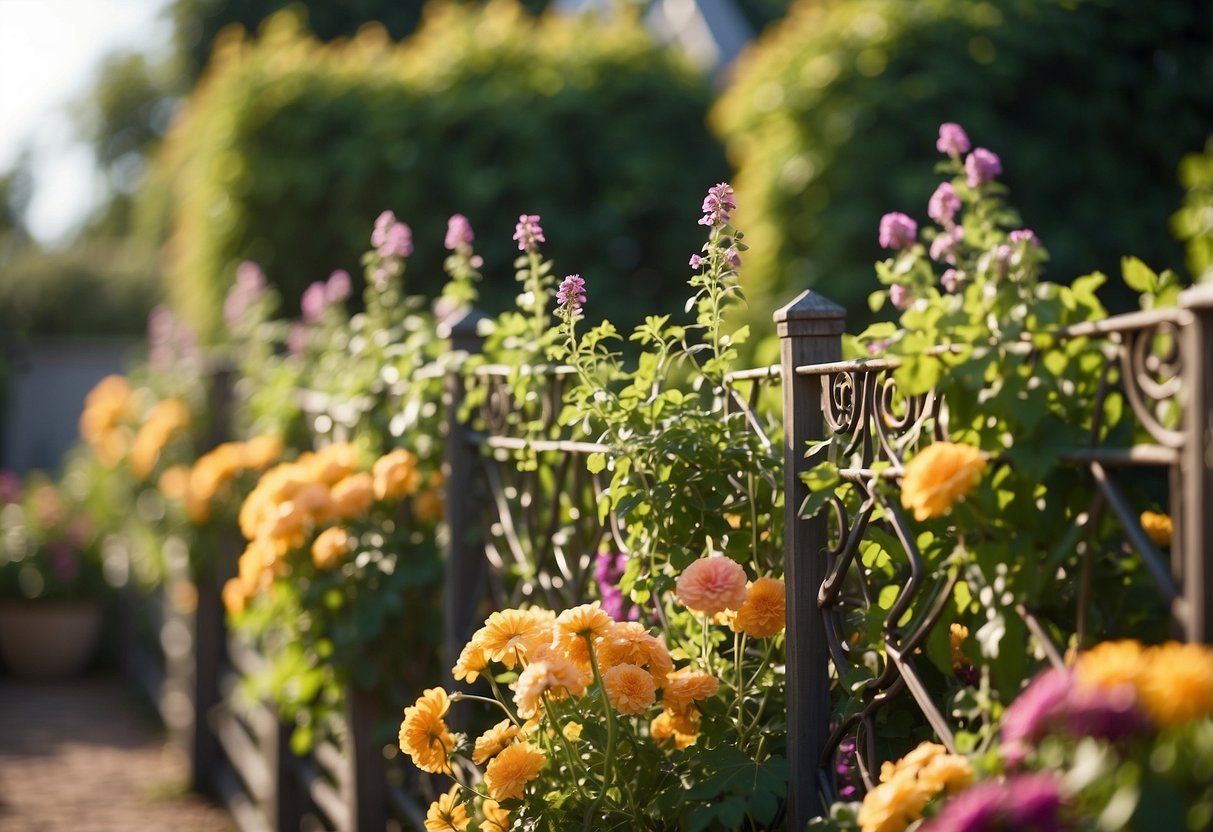 A garden trellis fence stands tall, adorned with climbing vines and flowers. The small garden is enclosed, creating a cozy and picturesque space