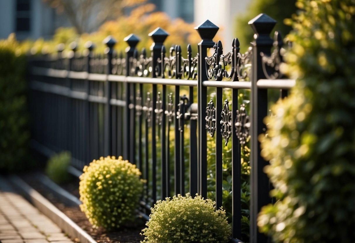 A small garden fence adorned with intricate decorative metal panels, adding a touch of elegance and charm to the outdoor space