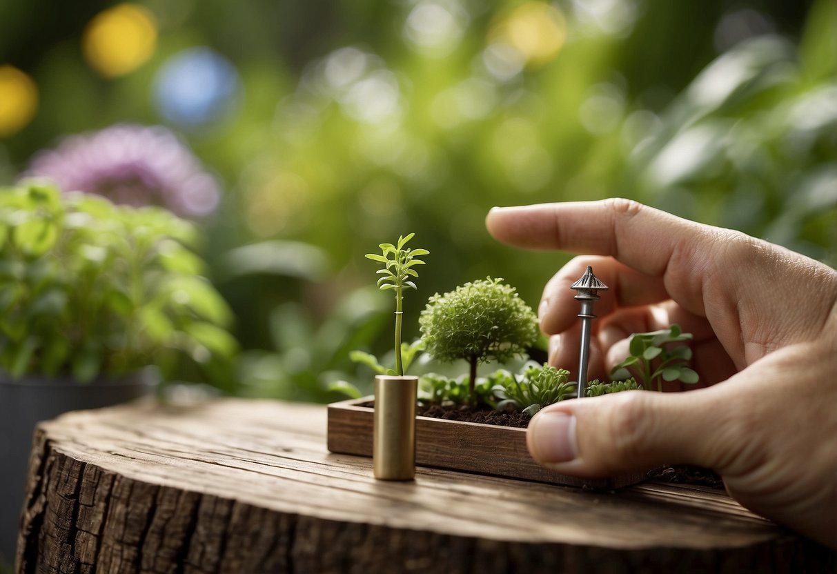 A person selecting various materials for a small garden fence, including wood, metal, and decorative elements, with a backdrop of lush greenery