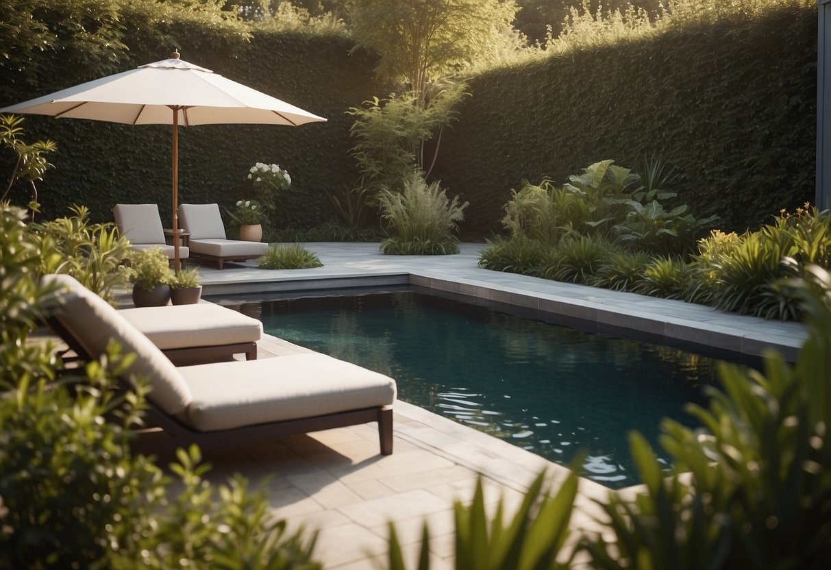 A lounge pool with built-in seating surrounded by a small garden, creating a tranquil and inviting atmosphere for swimming pool ideas