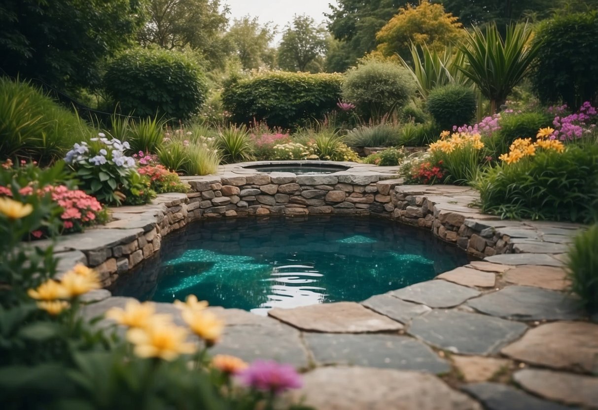 A small natural rock swimming pool nestled within a lush garden, surrounded by vibrant greenery and colorful flowers