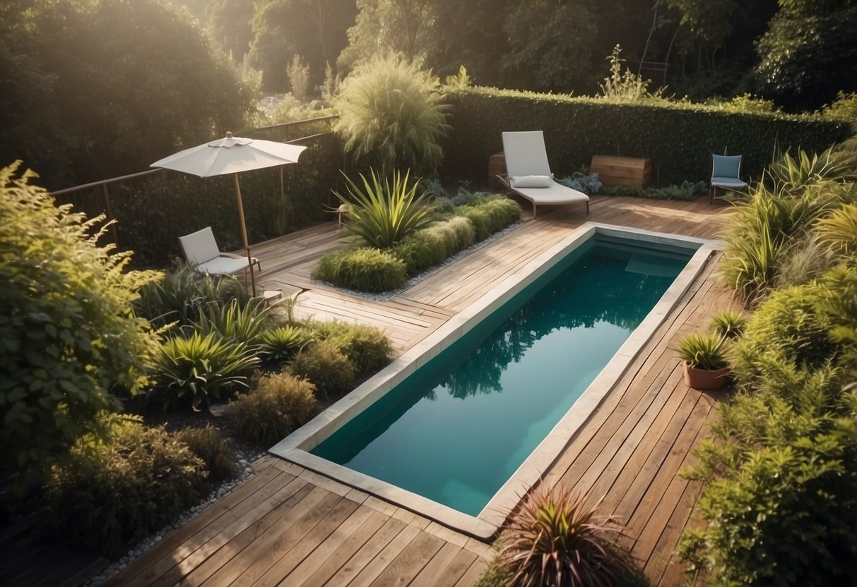 A lap pool with a small deck and a small garden beside it. The pool is surrounded by greenery, creating a peaceful and serene atmosphere