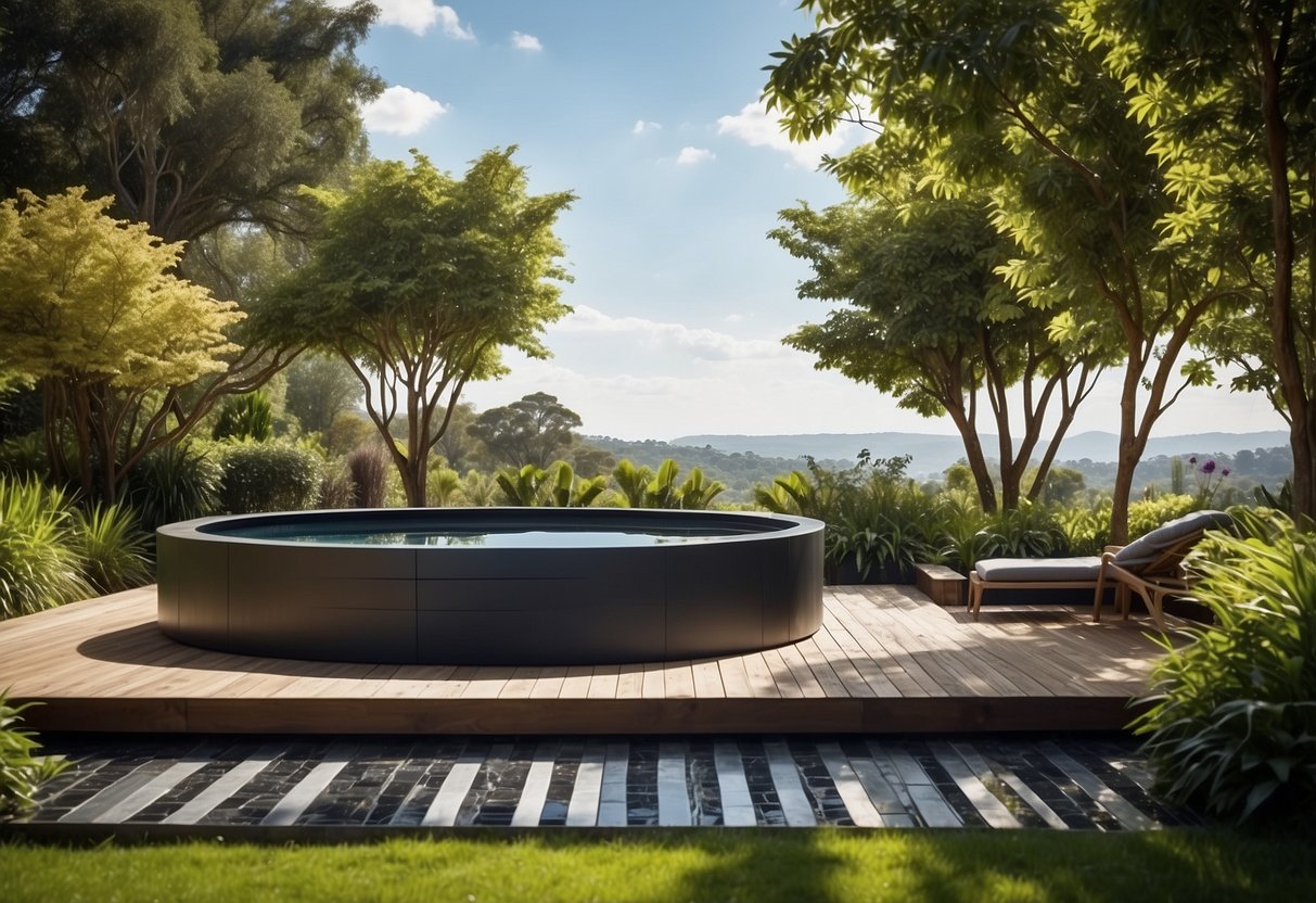 A sleek, modern plunge pool sits in a small garden surrounded by lush greenery and elegant landscaping, creating a tranquil and luxurious outdoor oasis