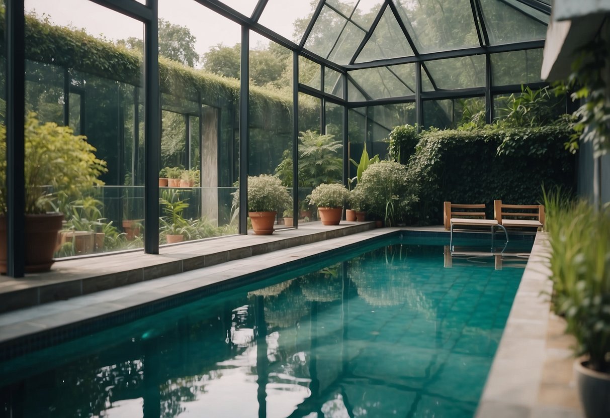 A glass-walled swimming pool overlooks a small garden with lush greenery and creative swimming pool ideas