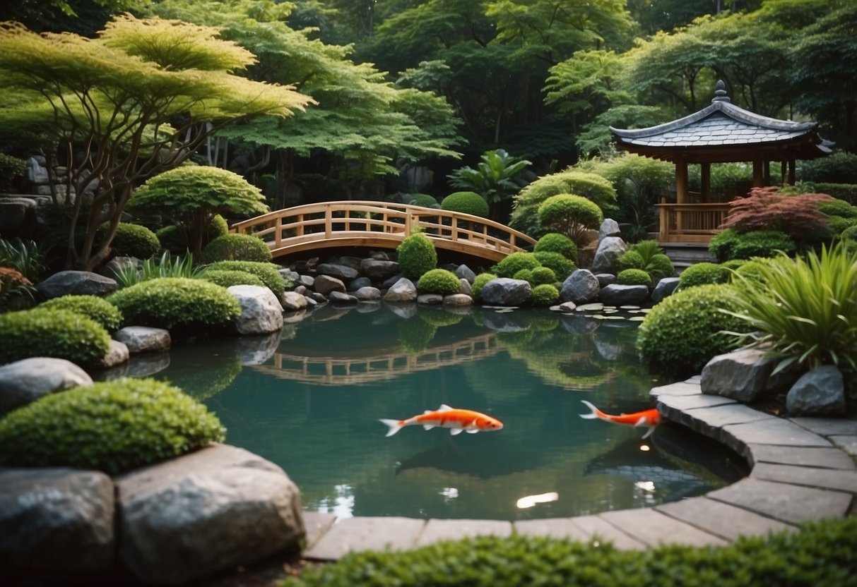 A tranquil koi pond surrounded by lush greenery and small Japanese-inspired garden elements, nestled next to a serene swimming pool