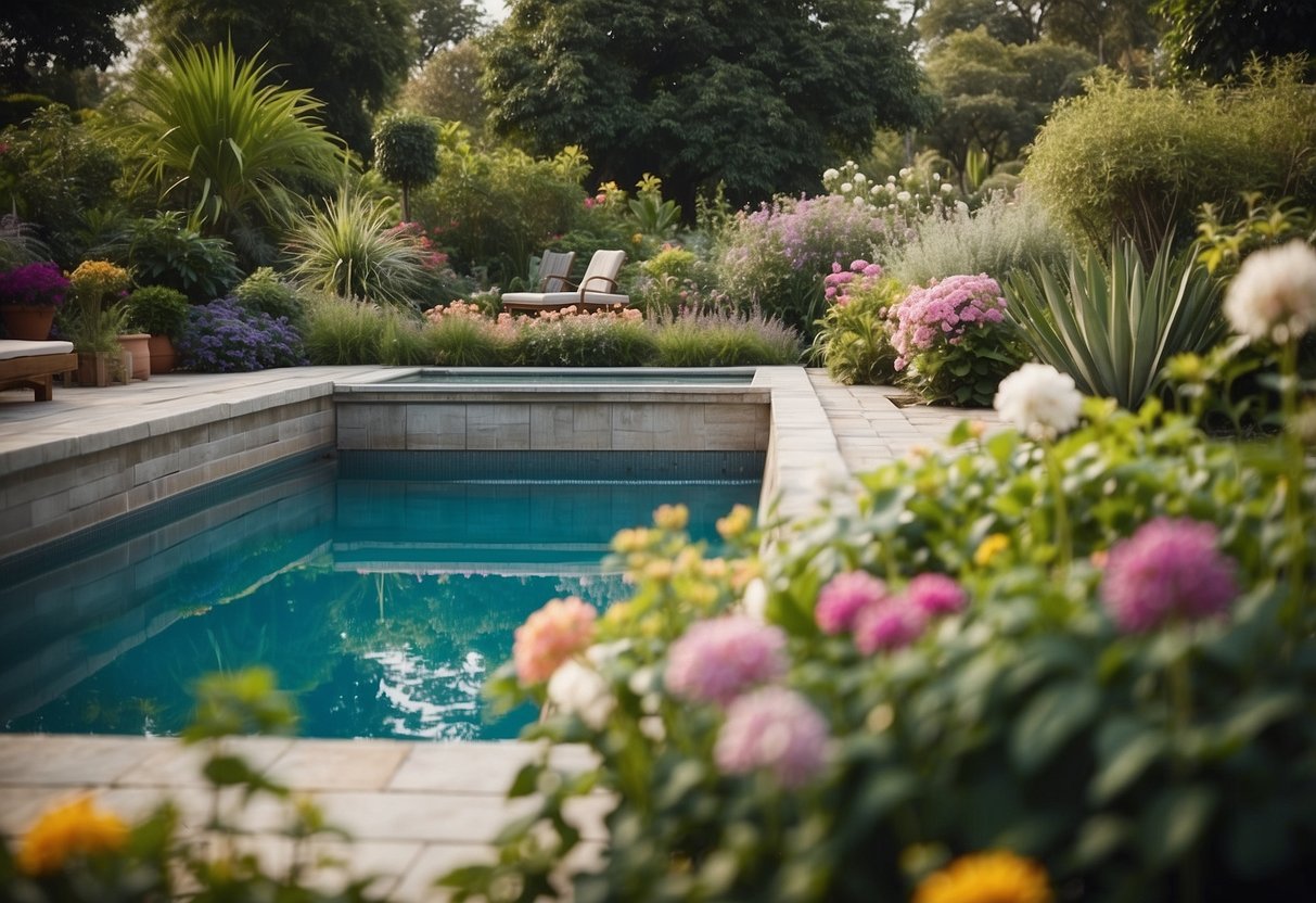 A serene swimming pool reflects the surrounding greenery. A small garden with colorful flowers and lush plants borders the pool, creating a tranquil and inviting atmosphere