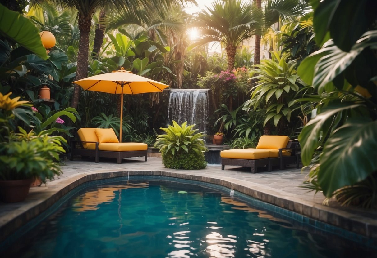 A small garden pool with tropical plants and a mini-waterfall, surrounded by lounge chairs and colorful umbrellas