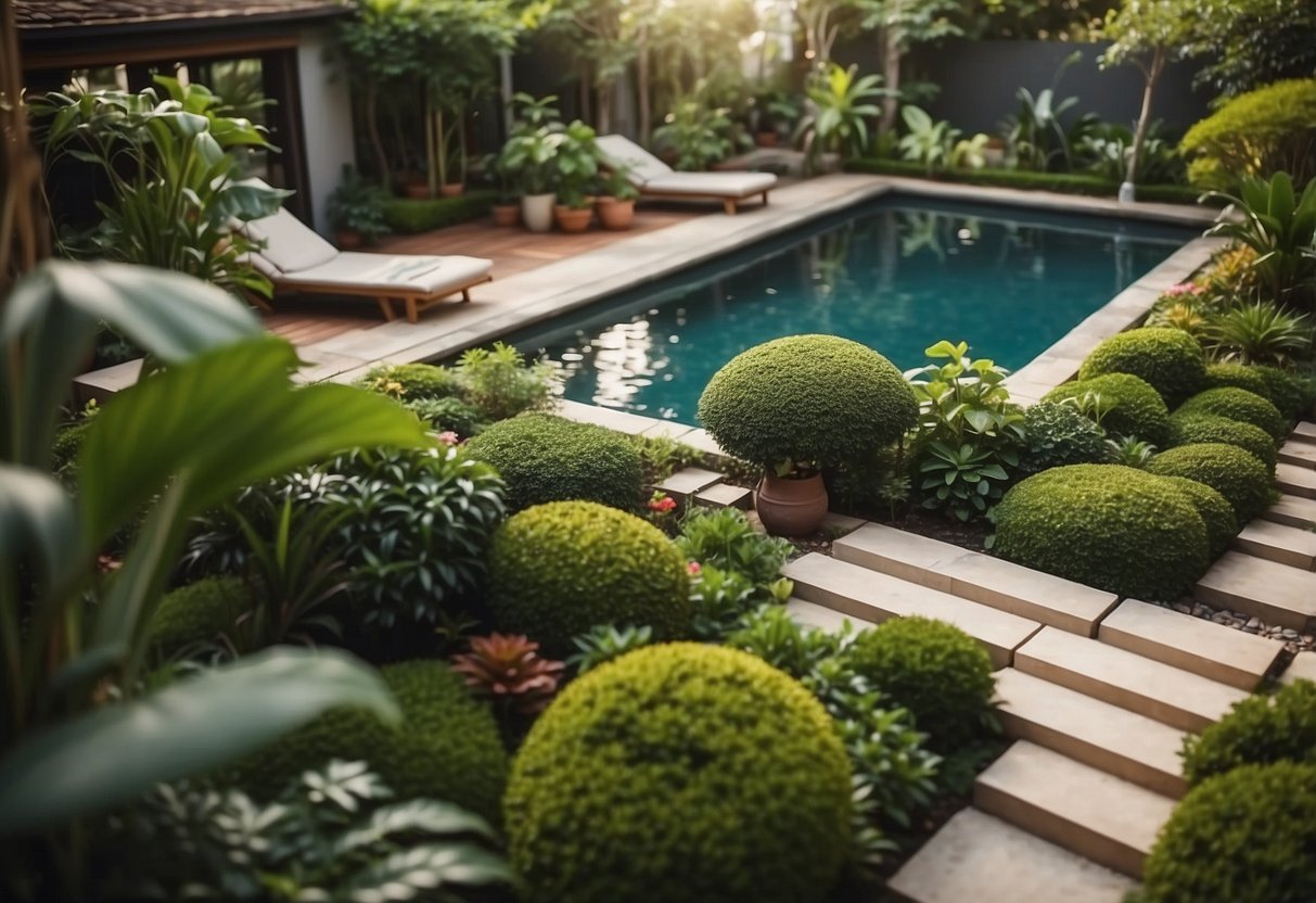 A small garden with a dual pool layout, blending indoor and outdoor elements, surrounded by lush greenery and decorative features