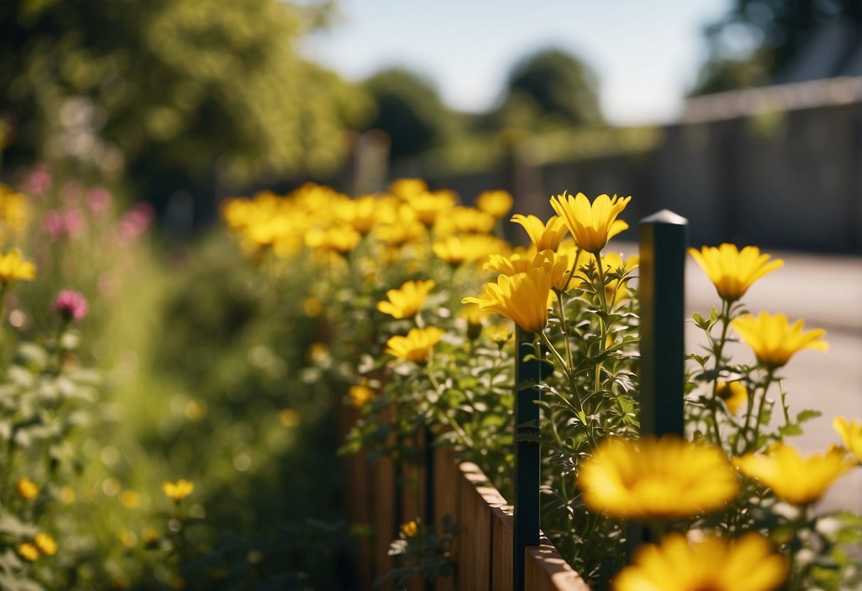 A bright yellow garden fence stands tall, bathed in the warm rays of the sunshine, surrounded by colorful flowers and lush greenery