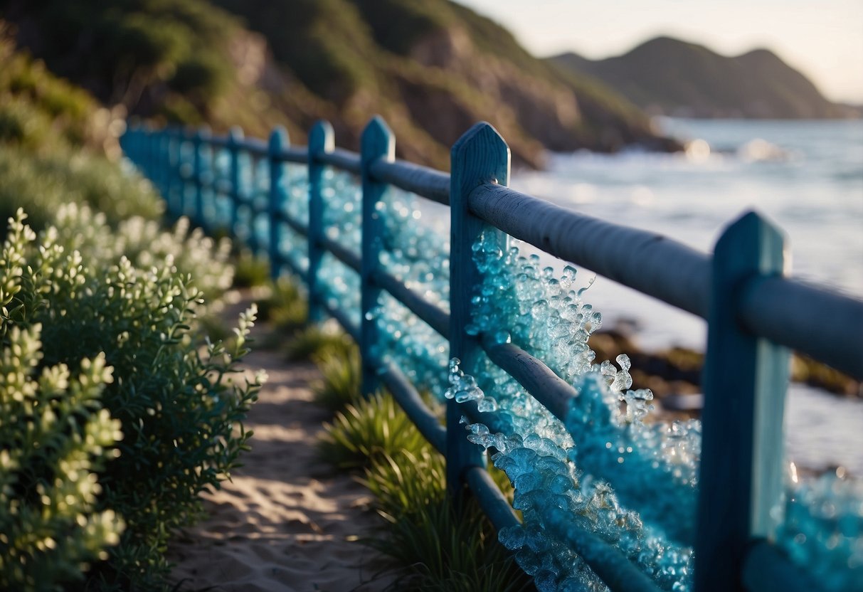 Vivid blue waves crash against a weathered garden fence, creating a coastal oasis