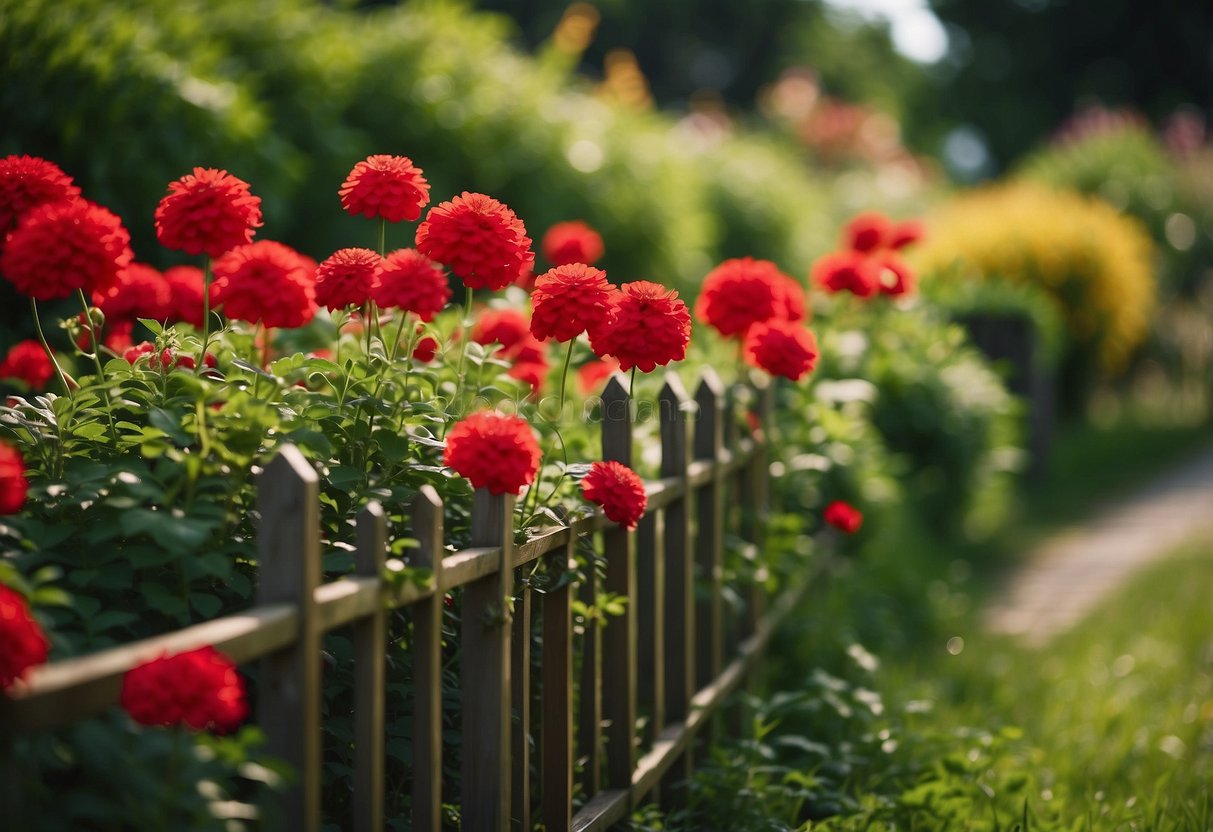 A vibrant red garden fence stands tall, surrounded by lush greenery and blooming flowers, creating a bold and eye-catching statement