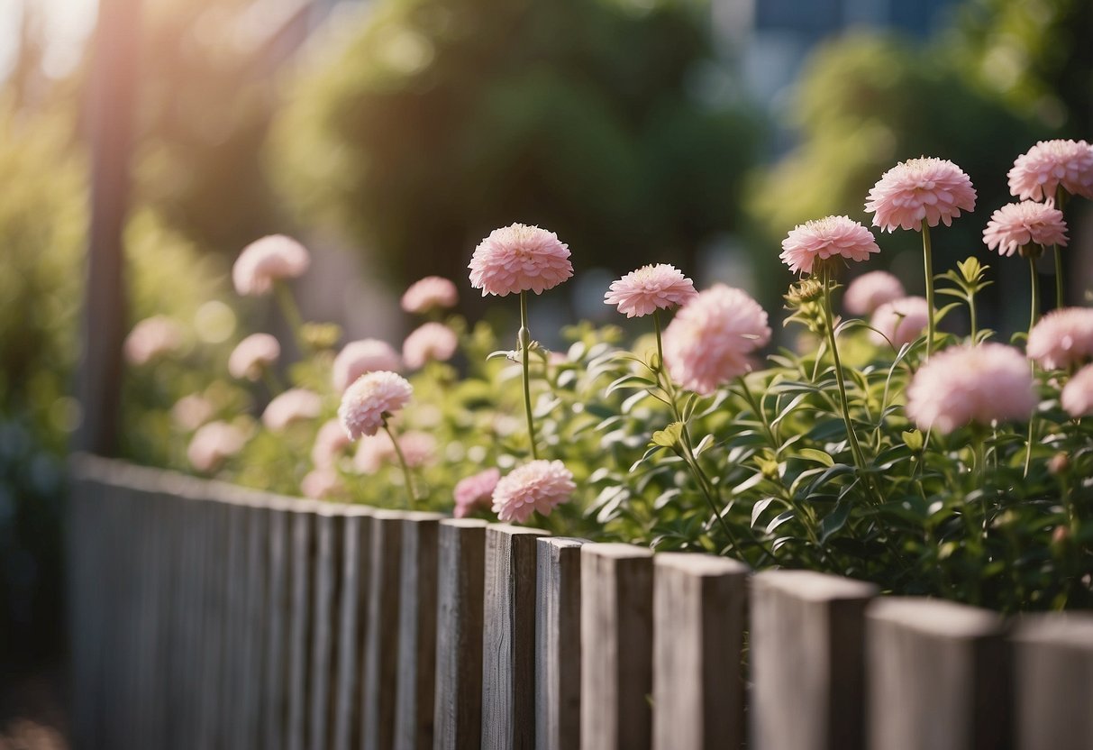 A garden fence painted in soft pastel pinks, surrounded by blooming flowers and greenery