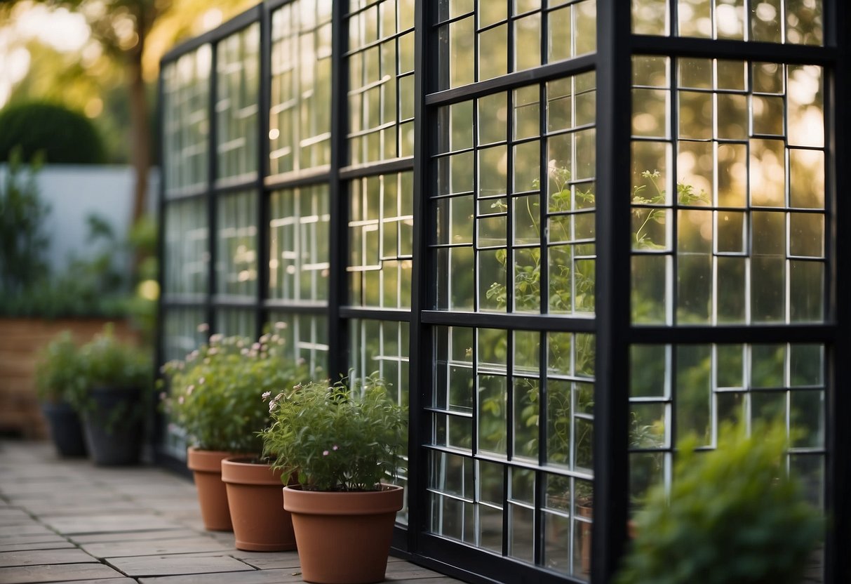 A garden fence made of recycled window panes, creating a transparent and eco-friendly divider