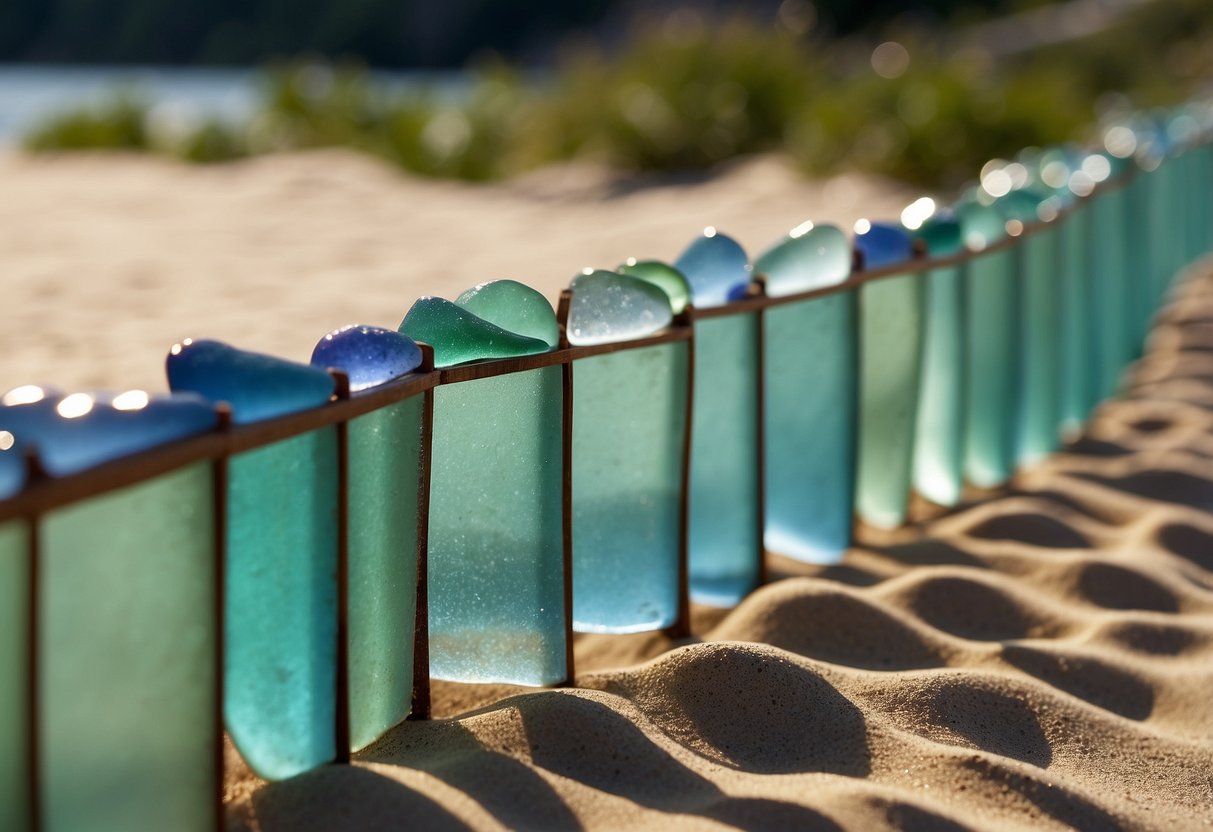 A sea glass garden fence lines the sandy shore, reflecting the sunlight and creating a colorful, shimmering barrier