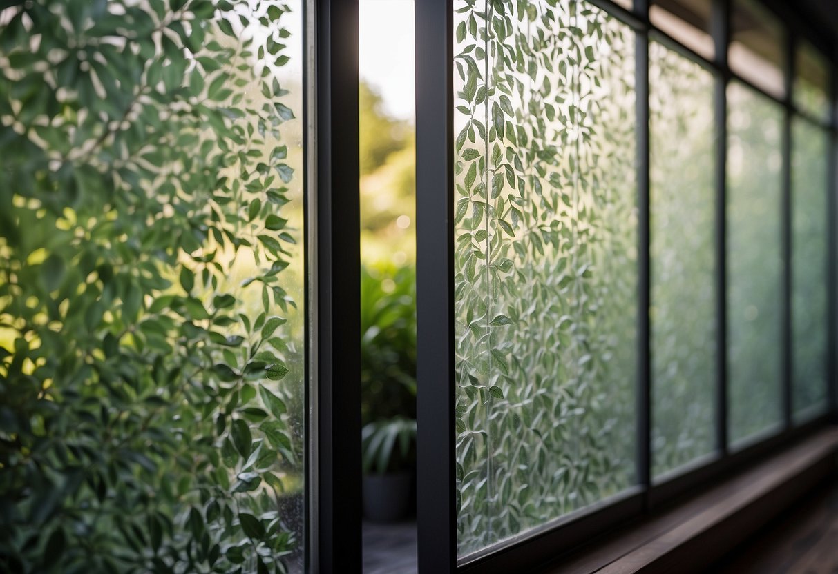 A frosted glass privacy screen surrounds a garden, casting soft, diffused light onto lush greenery. The glass panels are adorned with intricate patterns, creating a sense of elegance and privacy