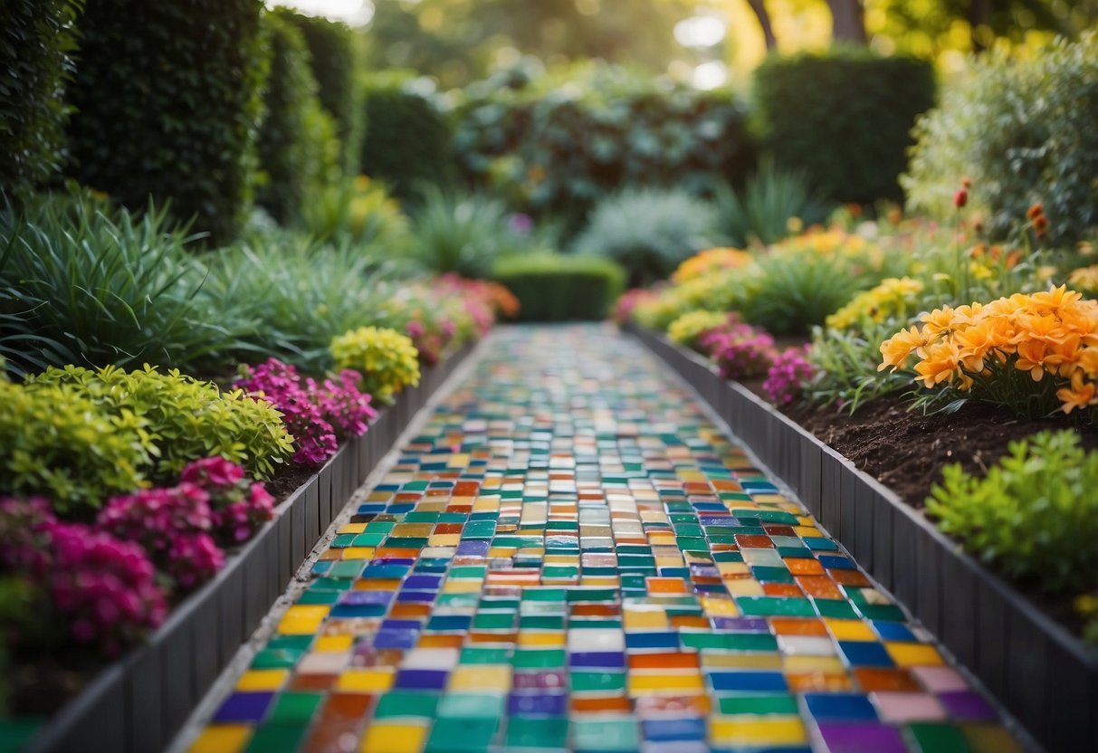 A garden border made of colorful mosaic glass tiles surrounds a lush green garden, creating a vibrant and visually stunning boundary