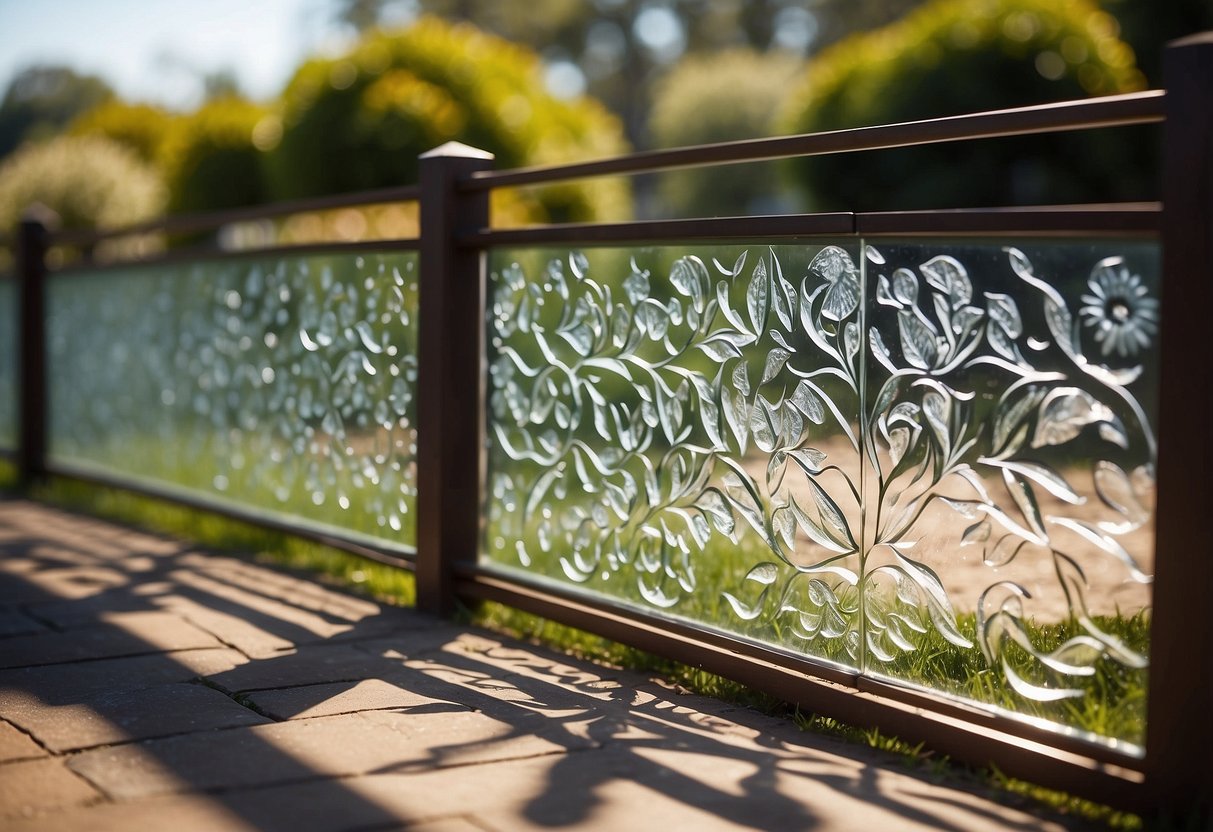 Etched glass panels adorn a garden fence, catching the sunlight and casting intricate patterns on the ground