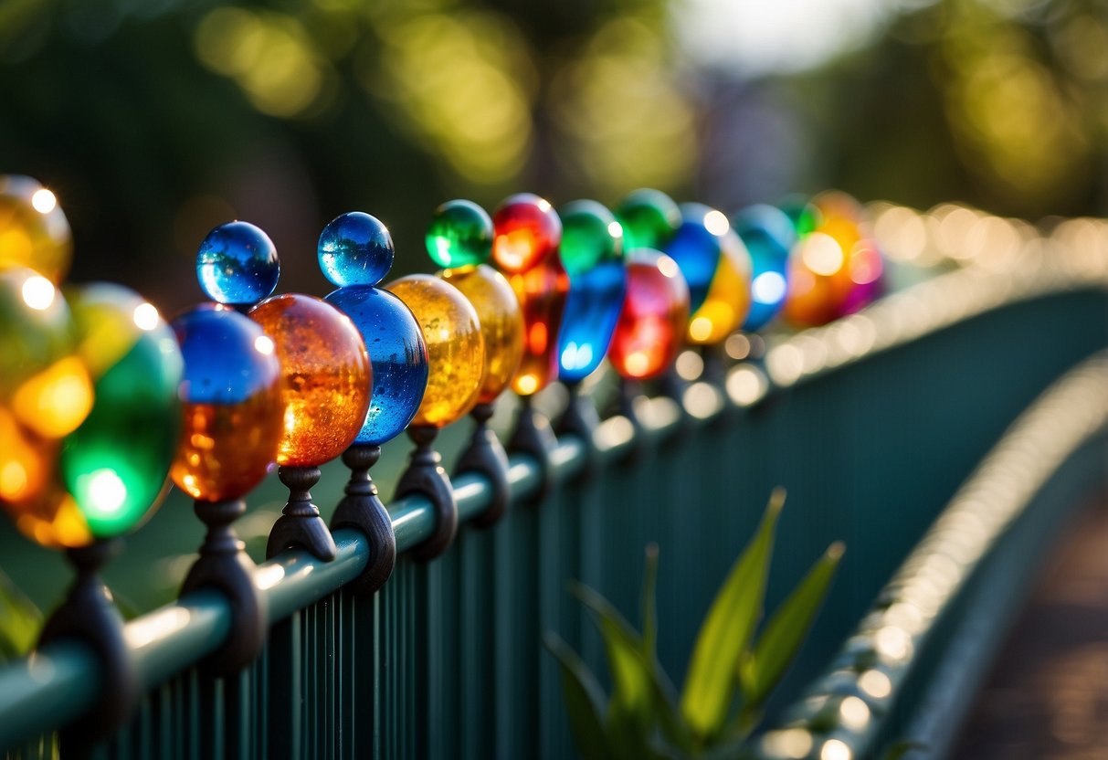 A vibrant glass bead fence encloses a lush garden, catching the sunlight and casting colorful reflections across the landscape