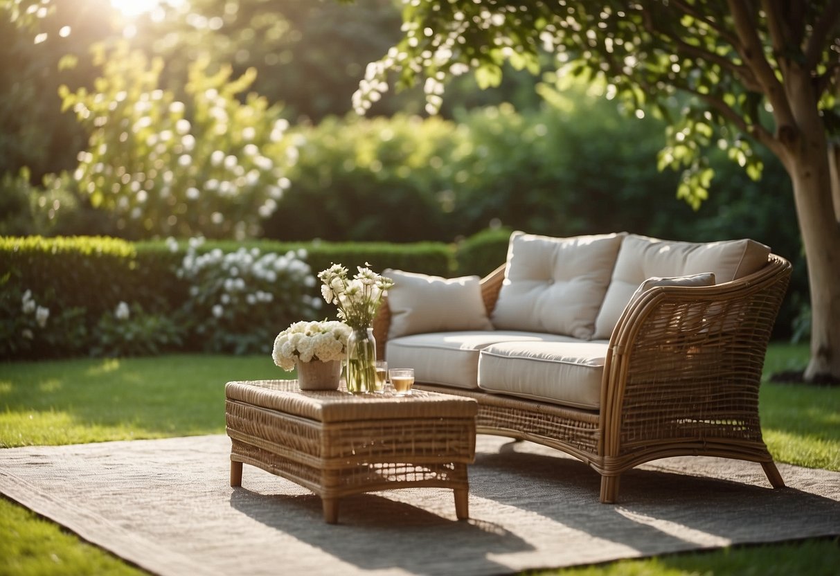 A rattan garden sofa set sits on a lush green lawn, surrounded by blooming flowers and tall trees. The sun shines down, casting dappled shadows on the comfortable outdoor furniture