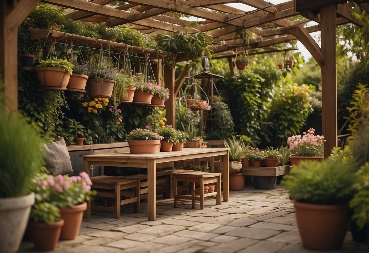 A wooden table and chairs sit under a pergola, surrounded by potted plants and hanging baskets. A small storage box holds gardening tools and supplies nearby