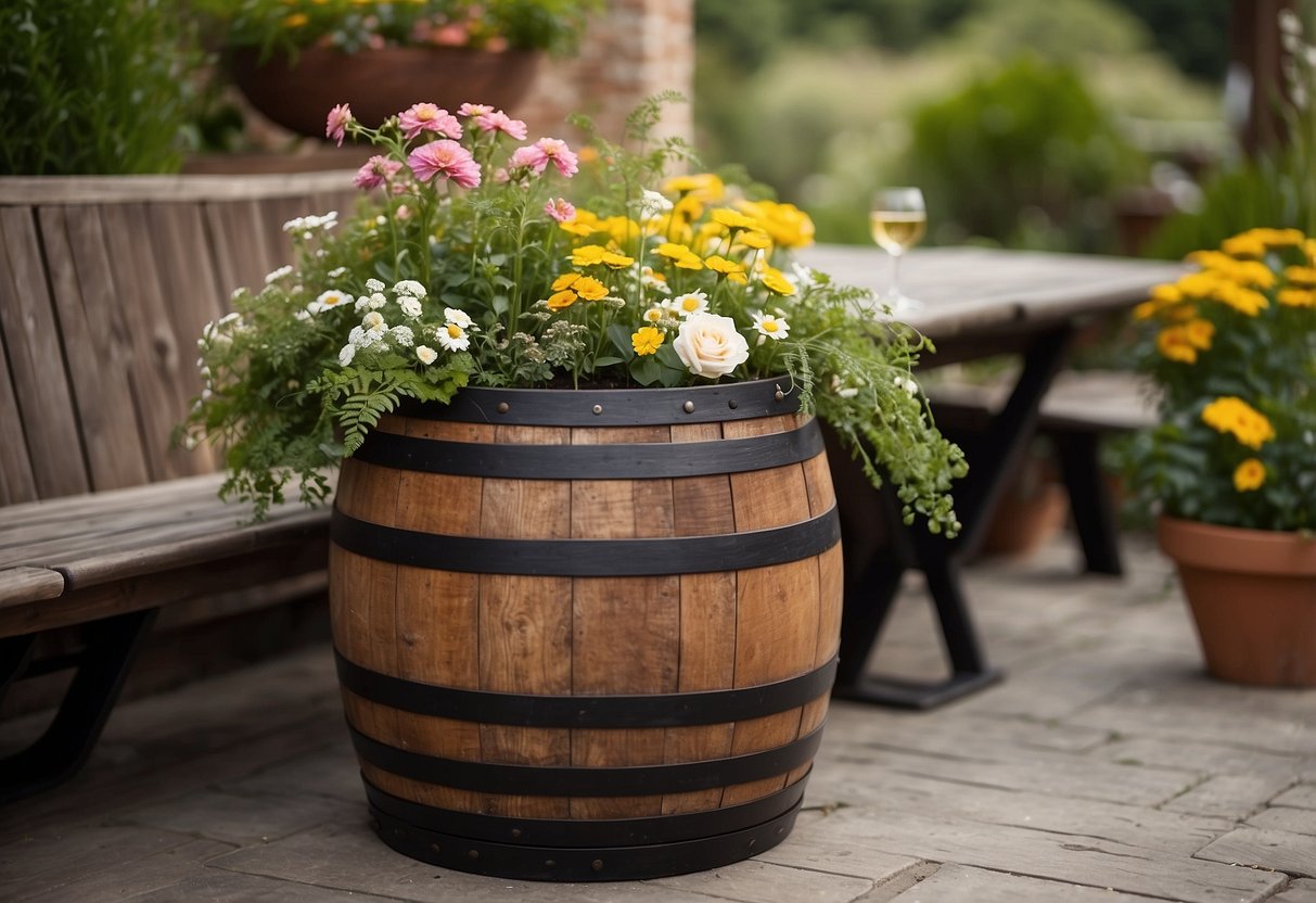 A wooden wine barrel transformed into a rustic table, surrounded by potted plants and flowers, creating a charming garden furniture setting