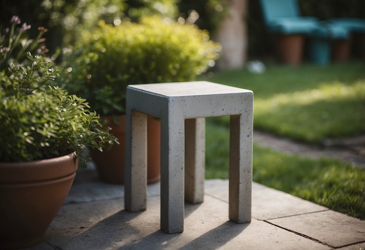 A concrete stool sits in a garden, surrounded by other DIY furniture ideas