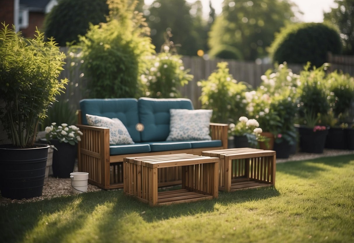 A backyard scene with milk crate seats arranged as garden furniture