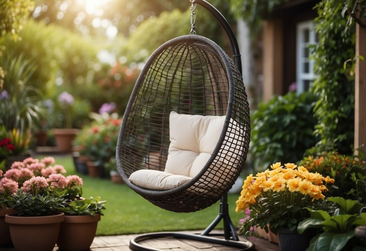 A hanging egg chair suspended from a sturdy frame in a lush garden setting, surrounded by potted plants and colorful flowers