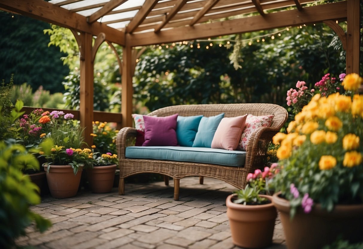 A wicker loveseat sits under a pergola surrounded by lush greenery and colorful flowers, creating a cozy garden room retreat